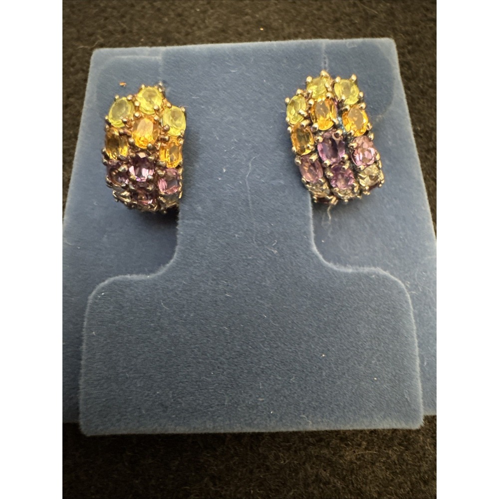 Stunning 925 Thailand Vintage Multi Gemstone Hoop Earrings Topaz Amethyst NEW!